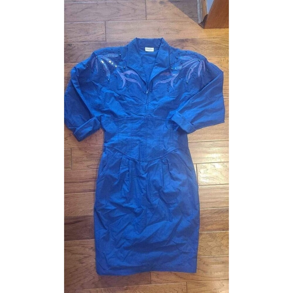Vintage Neiman Marcus embroidered mini blue western embellished dress